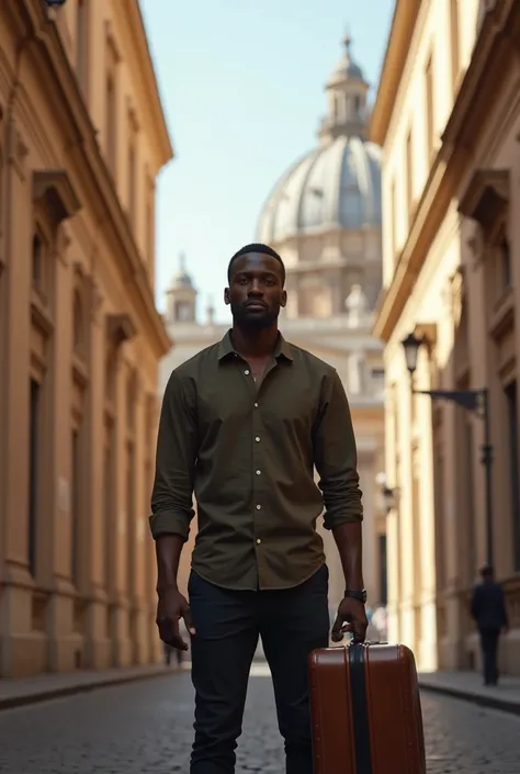 generate a full image of a 32 year old kenyan man standing in rome italy with a suitcase