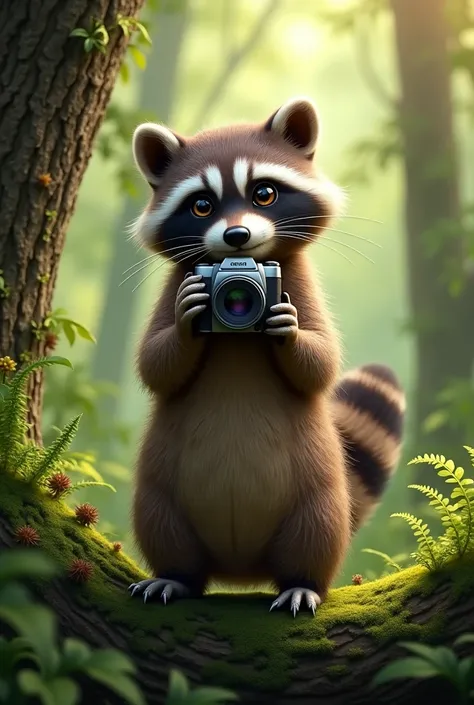 A little raccoon taking a selfie IN A FOREST