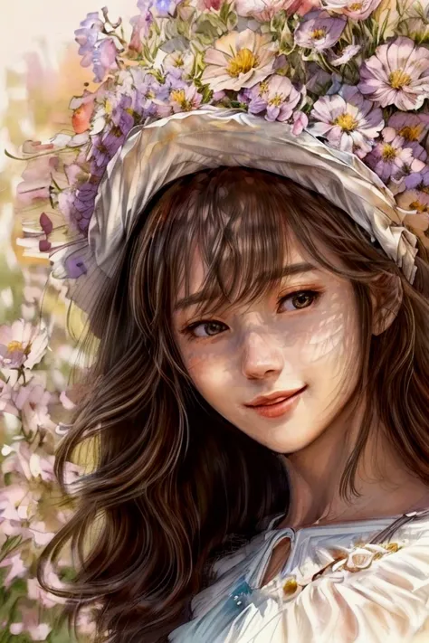 beautiful and delicate contemporary woman with hat and light flowing dress and shoulder length brown wavy hair, holding colorful wildflowers that cover the lower part of her face. Your brown eyes seem to smile.  The background is a flowery pergola, Sunnyda...