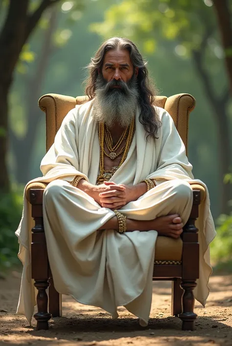 Fakir with beard wearing white clothes sitting in a chair in open area. 
