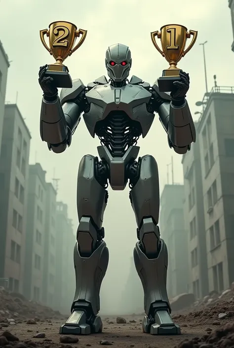 terminator robot, holding a trophy shaped like the number two, a trophy shaped like a plus sign and a trophy shaped like the number one, the background is apocalyptic futuristic 