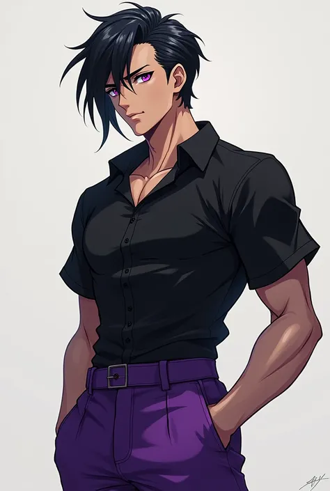 Make an anime character with black hair to the side and a black shirt and purple pants with Masculine Medium hair and bile