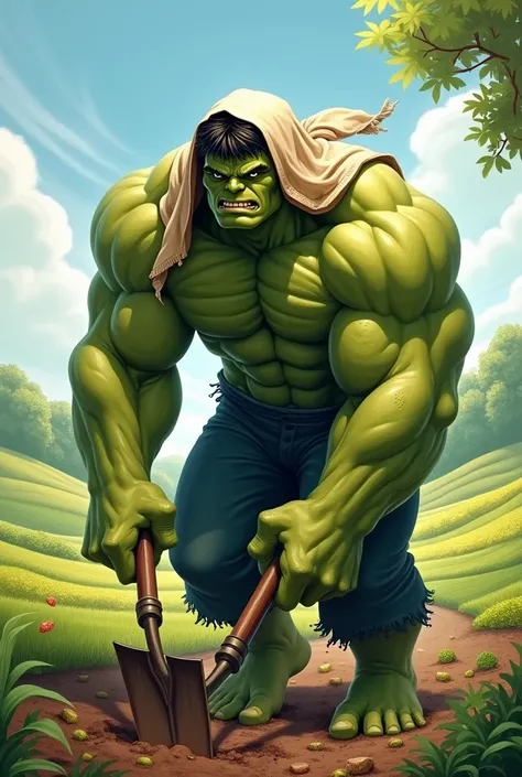 Hulk is farming in the fields with a towel tied over his head and a spade in his hand.