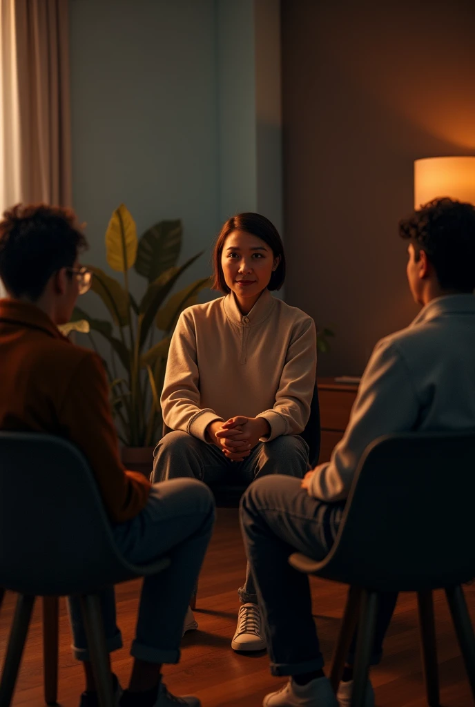 group therapy, people sittin on chairs, forming a circle, hyperrealistic photo, atmospheric lights