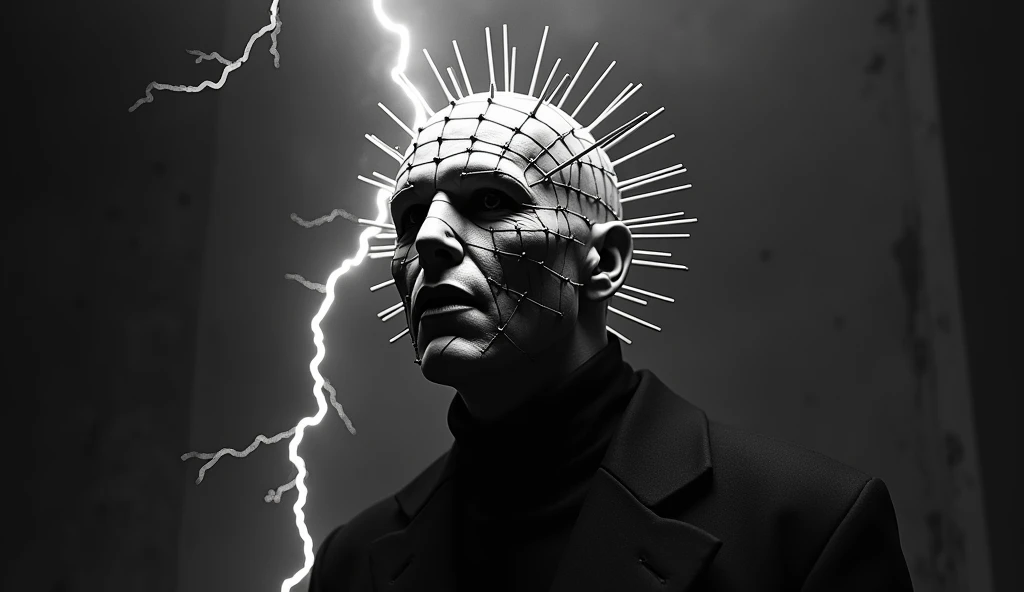 create a black and white 3D Hellraiser image with lightning
