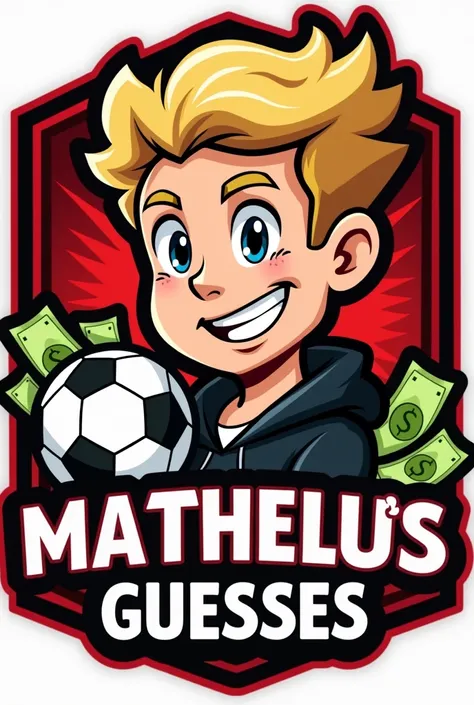 create a logo for a youtube channel, with the name Matheus&#39;s guesses , with blonde with details in red colors, black andwhite, with a young and modern design with lots of details of money soccer ball 