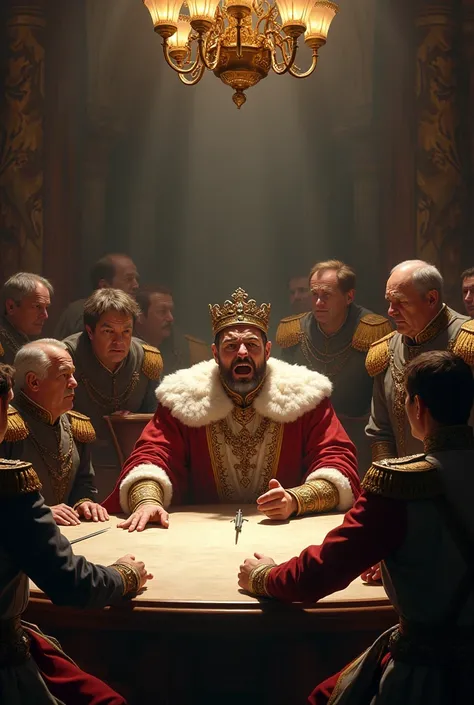 King fainting at a round table with generals and dukes around 