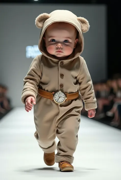 Newborn baby with very large head wearing a patek philippe watch costume and hat in a realistic full body fashion show