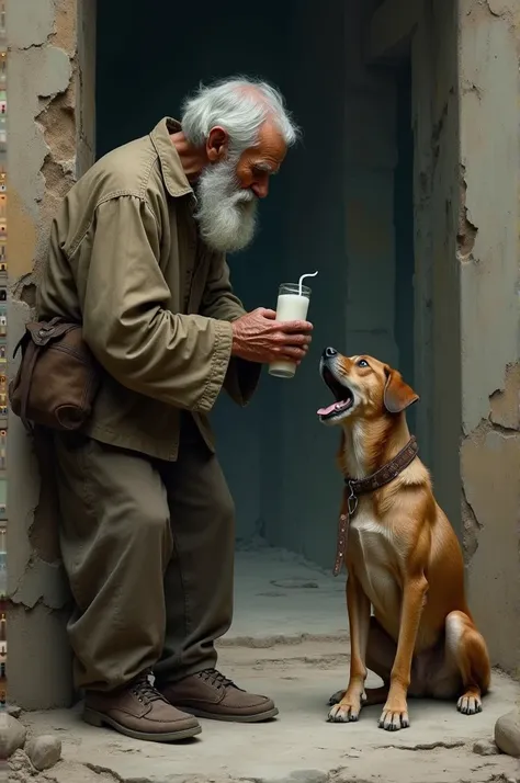 Begger is giving his milk to dog