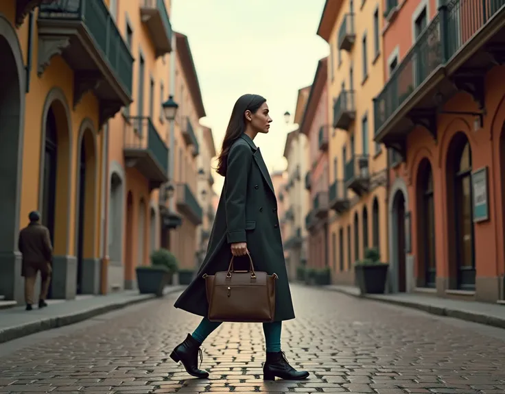 A left side profile view of a full body woman, walking down a street, carrying a bag in left hand, photorealistic, masterpiece, 8k, ultra-detailed, realistic lighting, vibrant colors, urban environment, detailed architecture, cobblestone street, overcast s...