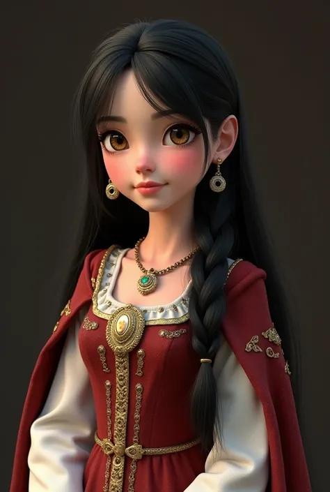 black haired girl , Brown eyes, earrings, medieval noble dress,3d render
 