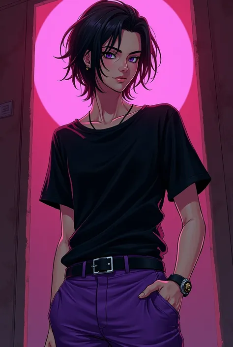 Make an anime character with black hair to the side and a black shirt and purple pants with Masculine Medium hair and bile Inspired