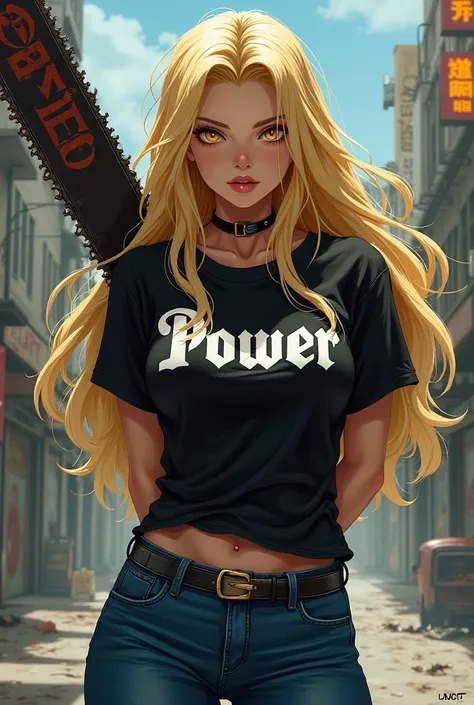 beautiful japanese girl, Power chainsaw man, blonde hair, yellow eyes, wearing black t-shirt with Power written on it, blue jeans, long black hair,arms behind back, giving yakuza vibes, realistic, intricate details, hard colors, big breasts, 