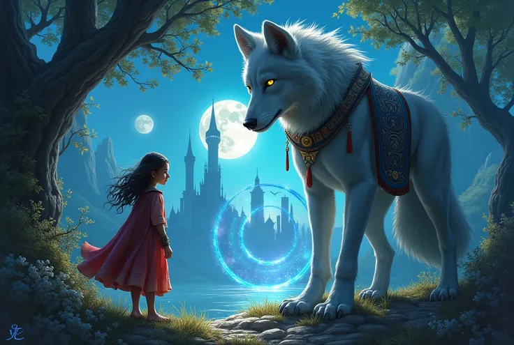 A girl who goes on an adventure in the moonlit land with a werewolf king dressed in an ancient warrior costume. There is a palace in this land and a dimensional gate under the roots of a giant tree. There are two moons in the sky. I want it to be a fantasy...