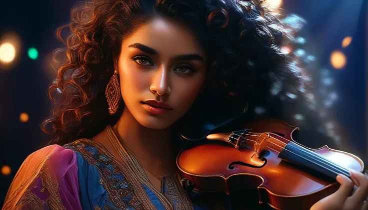 arafed woman with curly hair playing a violin in a dark room, portrait shot, detailed portrait shot, 8k artistic portrait photog...