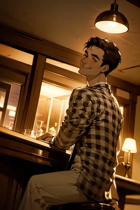 masterpiece, best quality, benny, sitting in a dimly lit bar, holding a whiskey glass, smiling at you