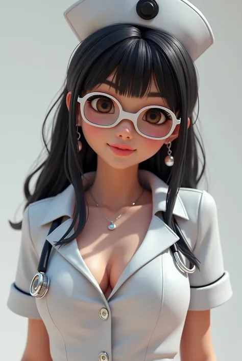 black haired girl , Brown eyes, earrings, sexy nurse outfit ,put in white oakle glasses, 3d render
 