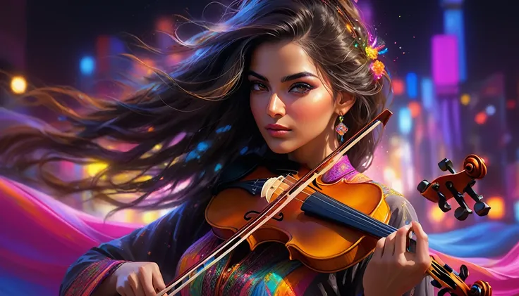 Close-up portrait of an Arabic woman violin as a violin master in an ethnic-inspired dress, hair caught in the winds embrace, piercing gaze set against a neon-lit background, face exuding realism with expressive brushwork, detailed environment surrounding ...