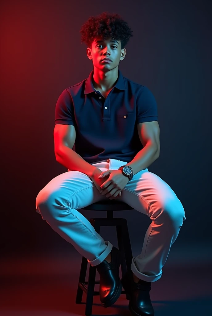 A  tan boy with big muscles and black curly hair on it and navy blue polo t shirt and white color long trouser and wearing a old watch. black color loafers and sitting in the black stool and black background red and blue light .