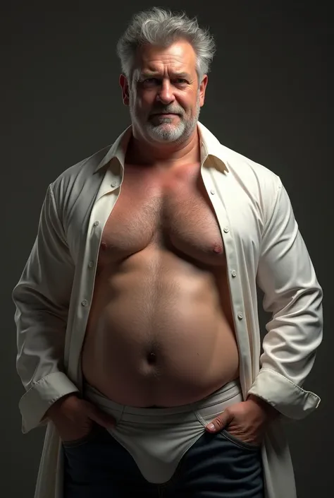 (best quality,4k,8k,highres,masterpiece:1. 60, white man detective , horny disgusting, muscular chubby, kind, opened up highly Transparent shirt that you can see his body , mature daddy, brief with big hard bulge, hairy chest hard nipple, 