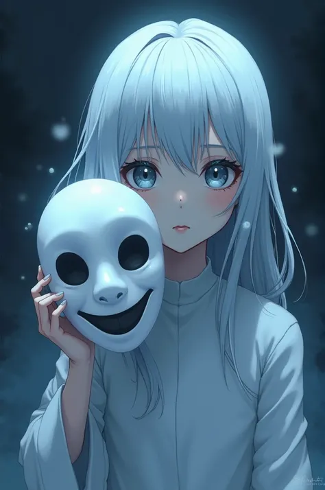 Make a ghost girl anime holding a nime white a smiling mask on her left side of her face 