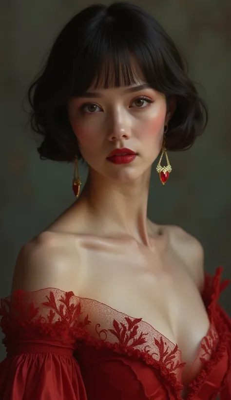 Sexy illustration of an elegant queen using chiaroscuro (((Short hair without bangs:1.8、beautiful eyes) , High quality ,Silk dress, matte paint, John Singer Sargent, author：Katsuya Terada、 Very soft colors, Deep and vivid, Deep red pastel, Very detailed, T...