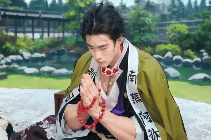 man sitting on a zen garden with a red rosary around his neck and two around his hands, dark yellow kimono, scar on forehead, blind eyes, crying, praying