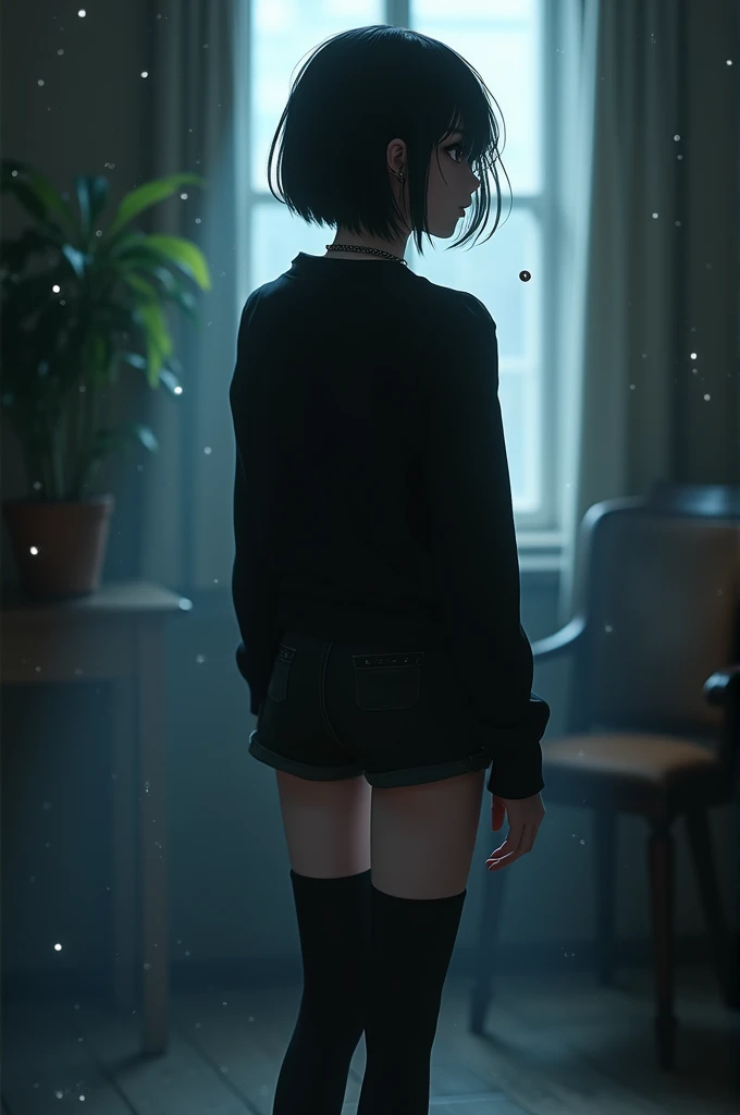 depth of field, perfect lighting, light particles, female, human, (emo, goth, short black hair) solo, indoors, (butt facing viewer), ((thigh highs, black shorts, black shirt)), (((farting))), macro,