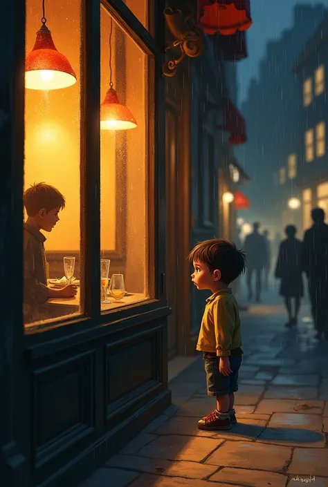 A restaurant and a poor child looking in a window 