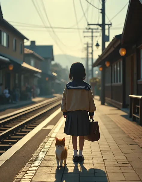 35mm lens，Multiple angles，Countryside scenery，Suburban，Back，side，silhouette，Overhead shot，Cat，Standing，doll，Carrying a small school bag，tram，Hokkaido，Autumn Station，Wooden house，Platform， cloak,Ruan Jia,Suit,tie, (Delicate face), (Fine fluffy fur)，（35mm Ci...