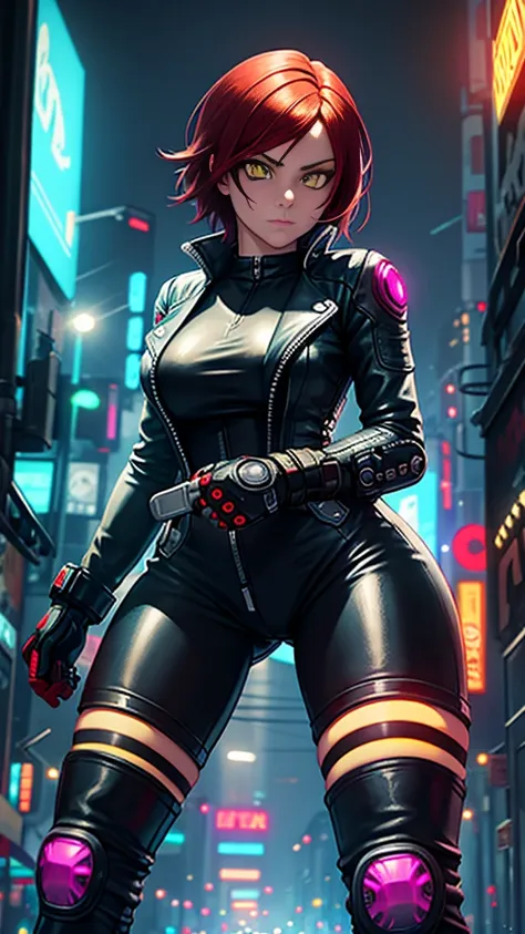 biker girl, motorcycle, leather one-piece garment, short hair, yellow glowing eyes, dark colors, ultra detailed face, long eyela...