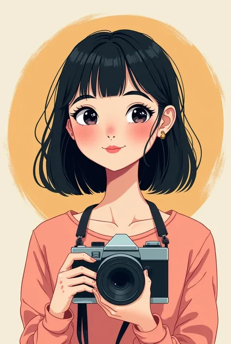 A Woman Photographer, Caucasian skin, freckles, black hair with bangs . Cartoon