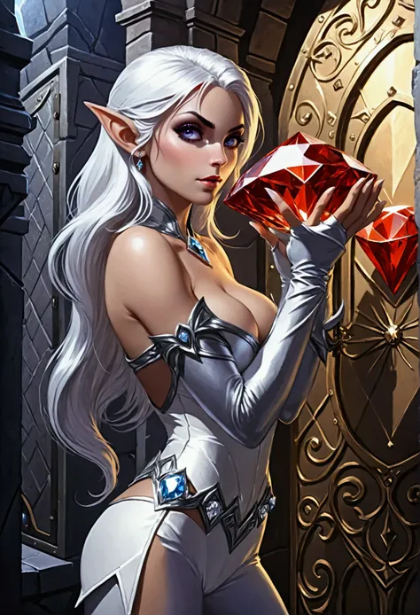 a fantasy epic illustration (Julie Bell Elmore style: 1.5)) of a drow elf thief holding a large diamond in a vault, a female drow  elf thief, full body, (small pointy ears), dynamic hair color, dynamic hair style,  ultra detailed face, wearing white leathe...