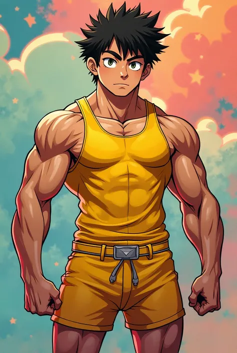 Make an original character from the Scott Pilgrim comic series with the heads of Reddit&#39;s avatars.Make him look muscular with a yellow tank top and shorts.Also do it with the haircut "curtain haircut" is outfit and style "soft boy"