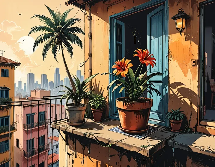 a flower in a pot livitates in the air near the balcony of a building in the tropics, a palm tree, a pot with a flower, a fallin...