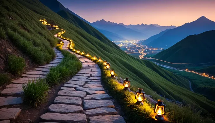 a narrow path lit by old oil lamps, that winds through a mountain valley towards a shining city in the distance. the mountains a...