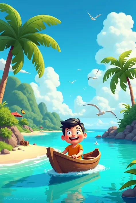 Create an art with an island, a boat and a cartoon man
