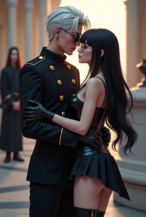 A man with white hair, sky blue eyes, white eyelashes, black uniform with gold buttons, wearing sunglasses, kiss a white woman, adult, long straight hair with bangs, round eyeglasses, wearing a black corset, Black Skirt, black tights, and black boots, in t...