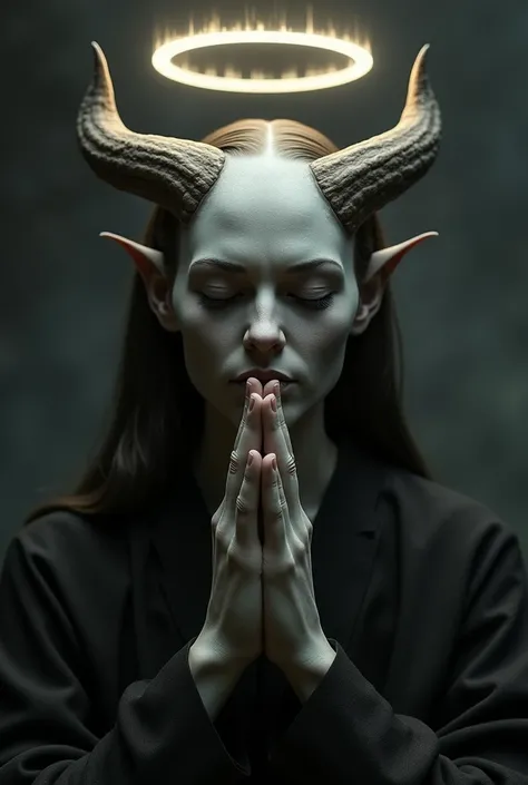 Hyper Focus Portrait, a disfigured demon (curved horns) eyes closed and hands joined in prayer, discret smile, a halo over the head, dark background with a grayish haze, ultra realisitic, Hyper-Realism, Ultra image definition.