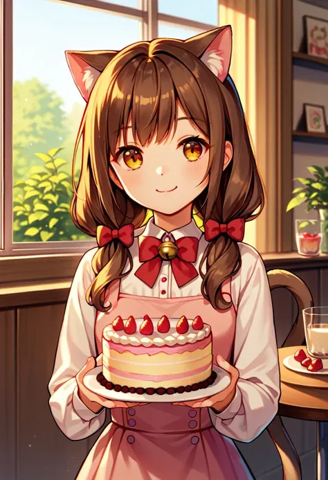 Chocola 1 girl with long brown hair, amber eyes, long hair, pigtails smile, silver bell on neck, pink pijama, cafe room, indoors , red bows, hold  dish with cake, cat ears, cat tail