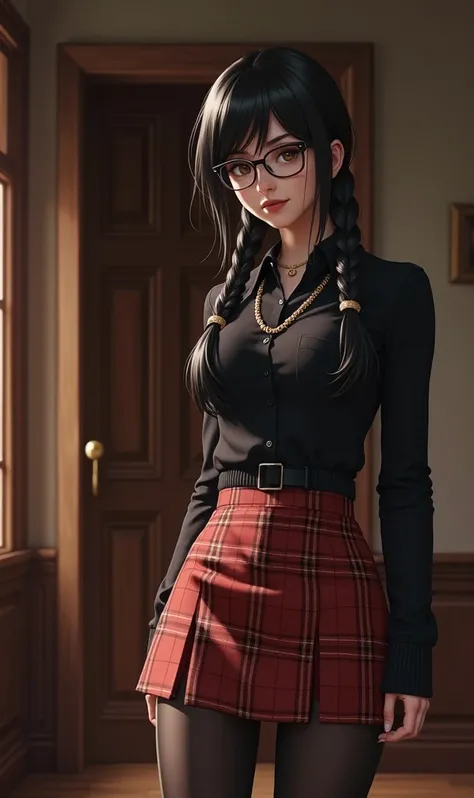 a woman wearing a skirt and blouse under a sweater, 1girl, ((woman)),  glasses, muscular woman, red plaid skirt, solo, black hair, navel, twin braids, jewelry, pantyhose, long hair, sharp focus, perfect hands, perfect light