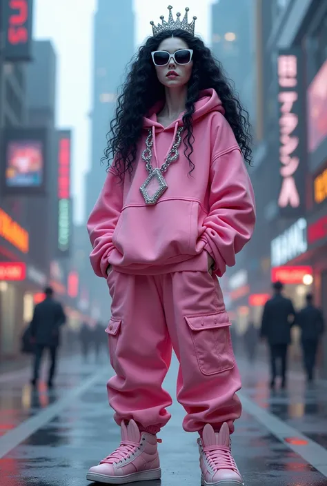 create an image of an full body alien in futuristic sun glasses, with long black curly hair , with a diamond crown chain on, wearing a big pink hoodie , and sweat pants, with bunny shoes