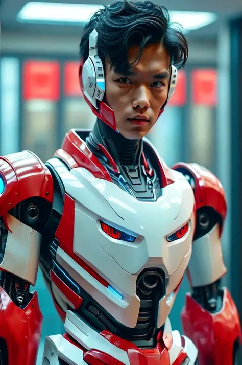 SeaArt Bot Txt2Img Studio Boy malay Indonesia wear red white exoskeleton. Robot face on body. Led nipple blue. Black hair little white hair detail. . 19 year old boy. Wavy hair. Tan skin. High tech suit. Mirage armor . Taking anger robot face red. Emoji ro...