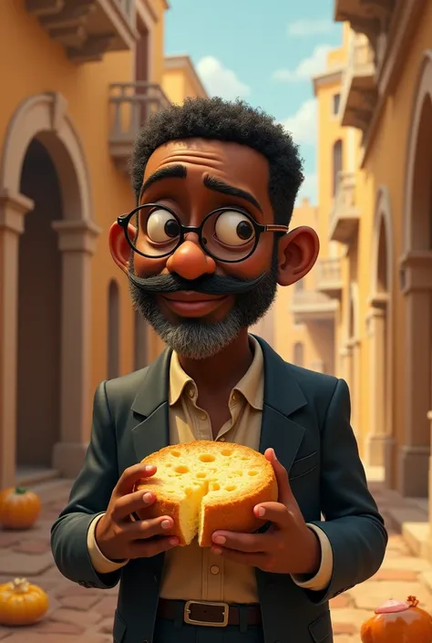 create a pixar of machado de assis, black man with a thin nose, with a big white beard, black cut hair, thin, frameless glasses with a cord , in a suit, writer eating round cheese bread, in an ancient environment 
