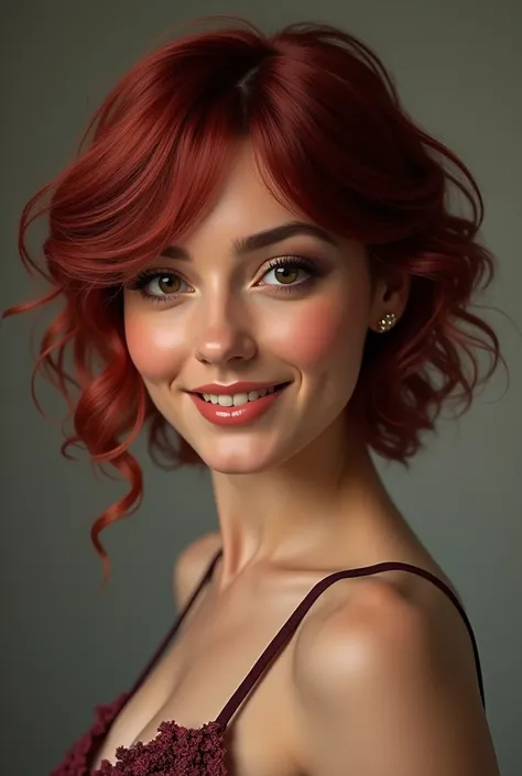 ((Best quality)), ((head of&#39;artwork)), round face, Realist, 36 year old Turkish woman, mole near left eye, NSFW, long pixie style cut, dark red hair, hair in highlights, curly hair, wide hips, full hips and thighs, smiling,