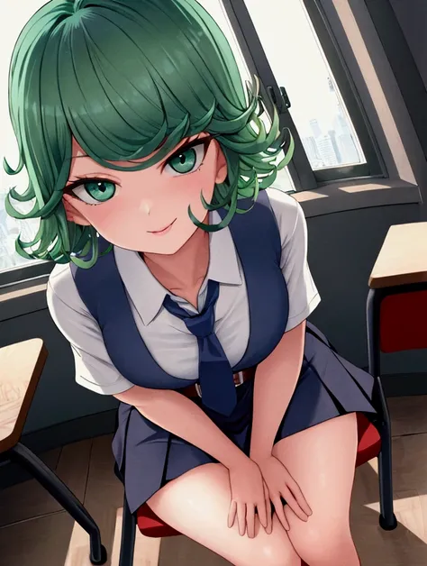 (high res, 8K, masterpiece, looking at viewer, best quality, very aesthetic, ultra detailed, ultra background, ultra Eyes) intricate details, 1girl, Tatsumaki, Chibi, short sleeved white shirt, Dark Blue short skirt, Pockets on the left chest, Dark Blue ti...