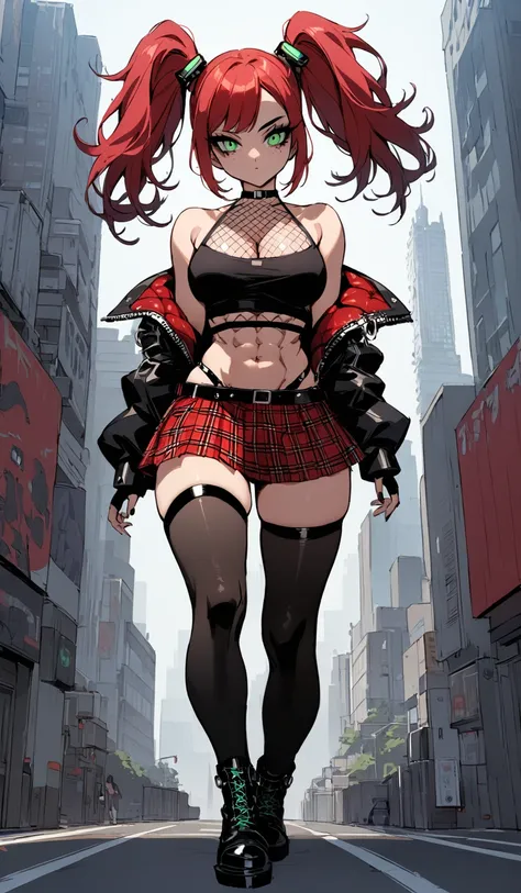 woman, stoic, curly red hair in pig tails, green eyes, black eyeshadow, wearing crop top black shirt, long black jacket, red plaid skirt, black knee high boots, black fingerless gloves, exposed shoulders, large breasts, freckles, abs, cleavage, looking dow...