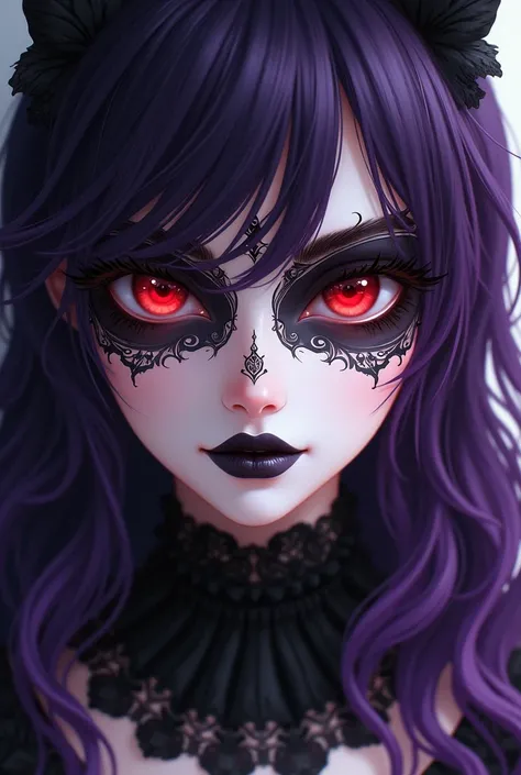 A pretty woman in anime style with white black Mexican la Caterina make-up red eyes dark purple hair
