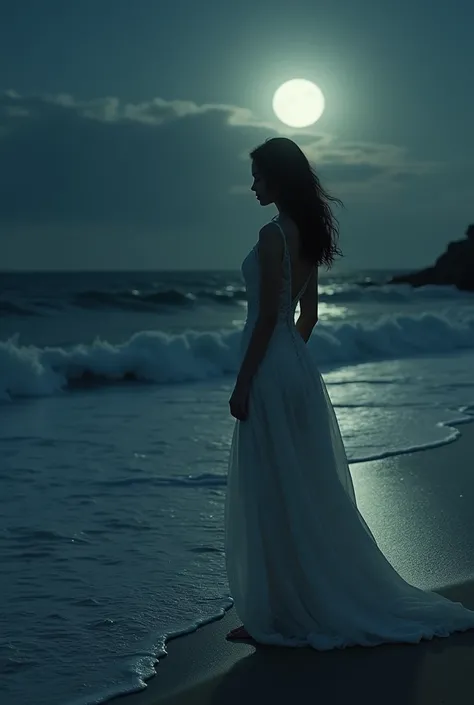 woman by the sea touching her feet in the sand AT NIGHT wearing a big dress