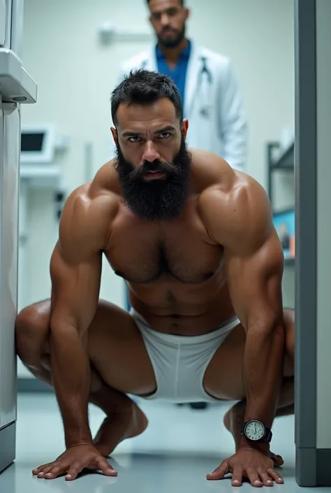 Strong, bearded mixed-race man crouching on the floor in white underwear in front of a doctor.